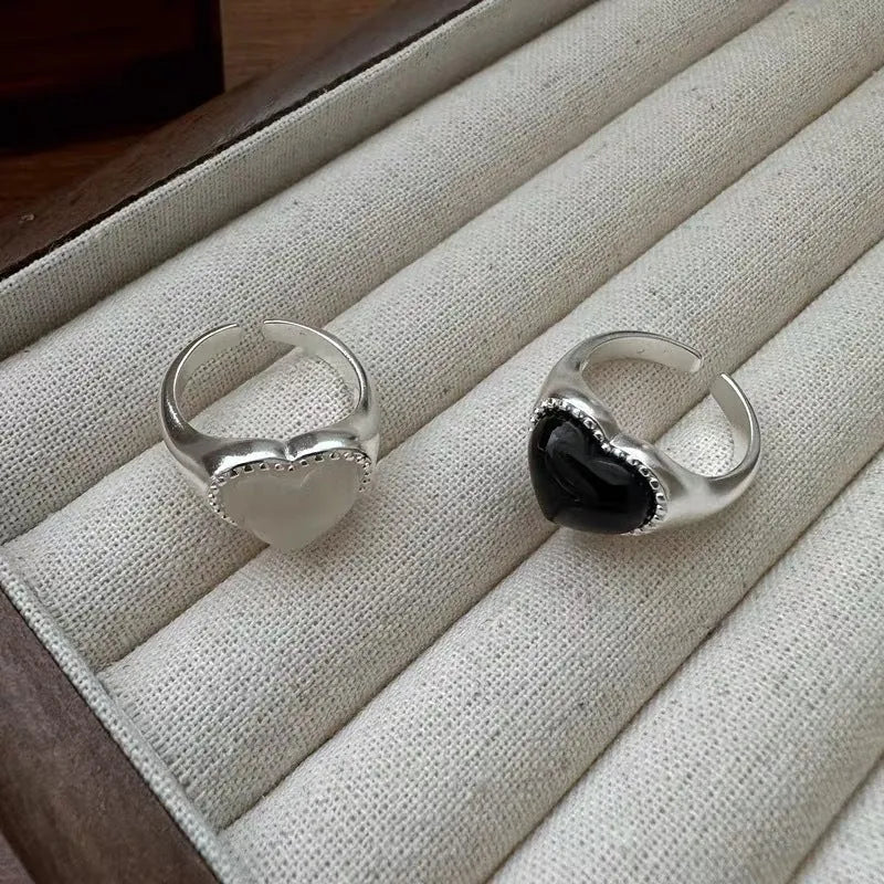 S925 Sterling Silver Heart Agate Ring with Adjustable Opening and Niche Design for Women's Fashion and Everyday Wear