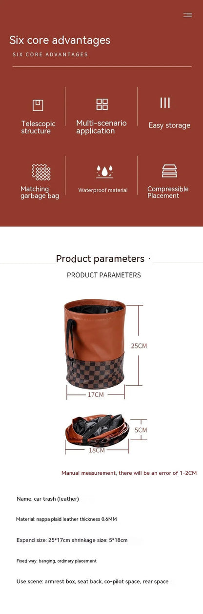 Black leather foldable car rubbish bin with a handle, shown empty.