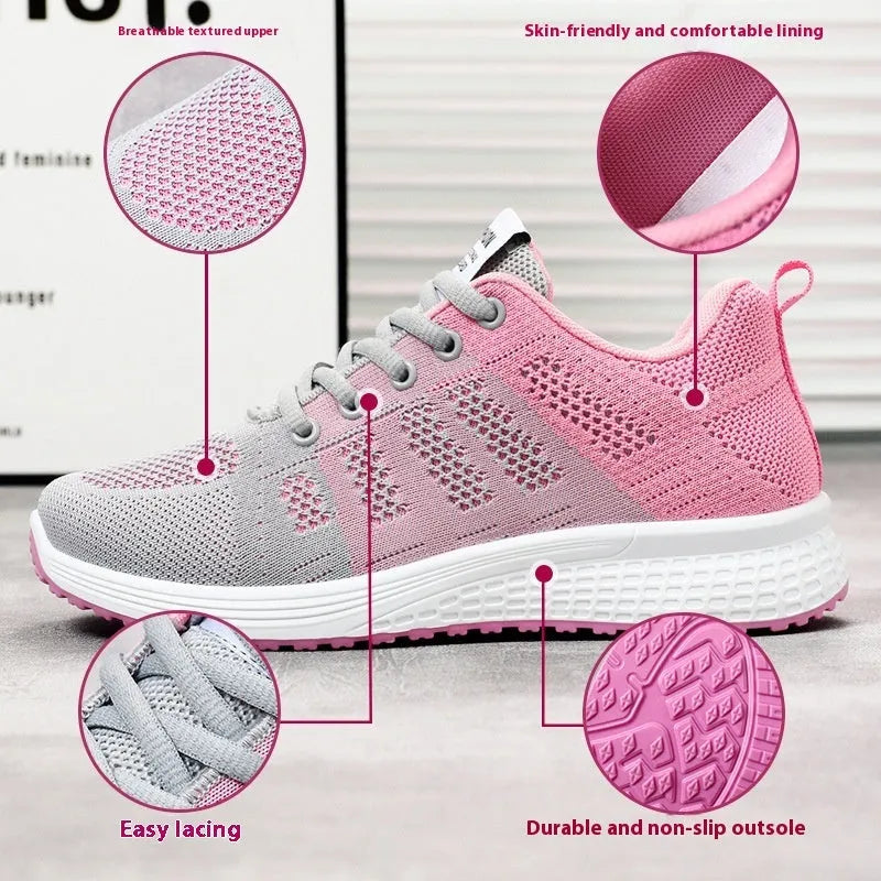 Women's Fly-knit running sneakers in black, rose red, or gray pink with soft bottom and flat heel.