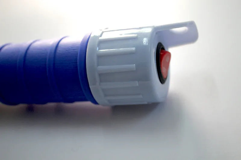 Blue and red manual siphon hand pump for fuel and oil transfer.