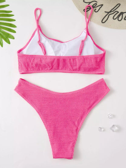 Plus-size solid pink bikini swimsuit with chest pad, available in sizes L to 4XL