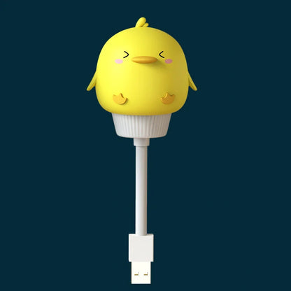 USB portable LED night light with cartoon animal design showing three brightness levels and remote control