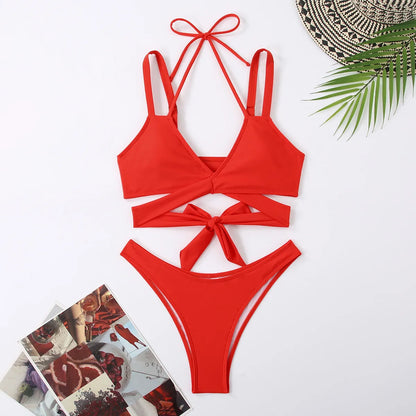 Women's solid colour bikini with adjustable strap ties and removable cups in black, red, blue, rose red, or white