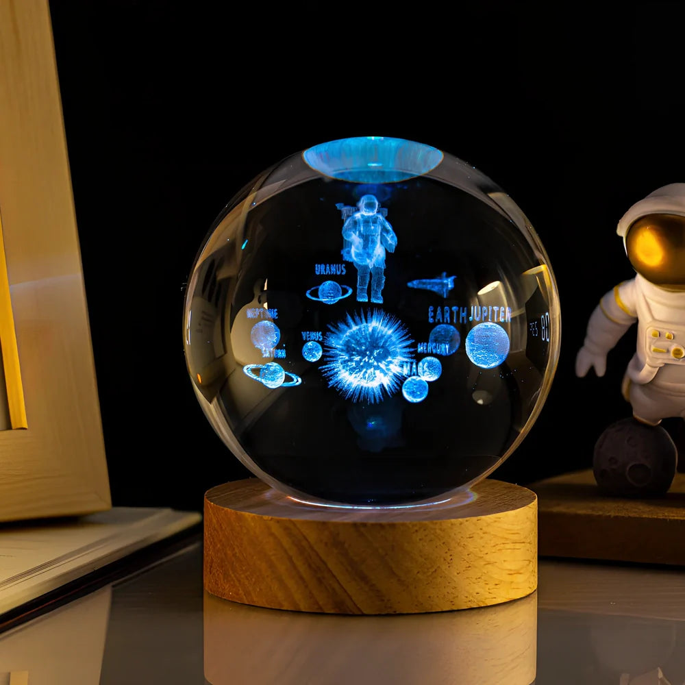 6cm crystal ball night light with Milky Way design on colourful base, USB cable connected