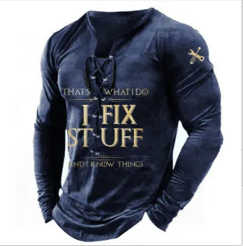 Men's long sleeved printed sports top with U-neck, polyester fibre fabric, sizes S to 4XL