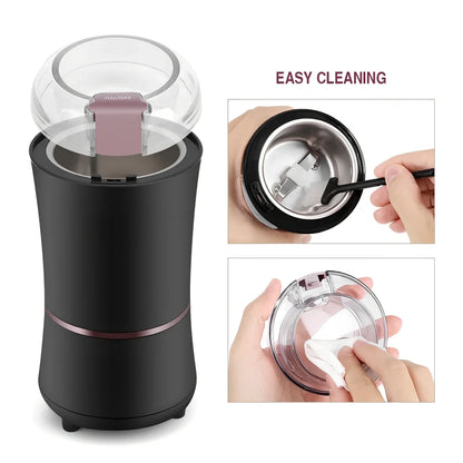 Black mini grinder with stainless steel liner measuring 94mm×68mm×198mm for grinding coffee and spices