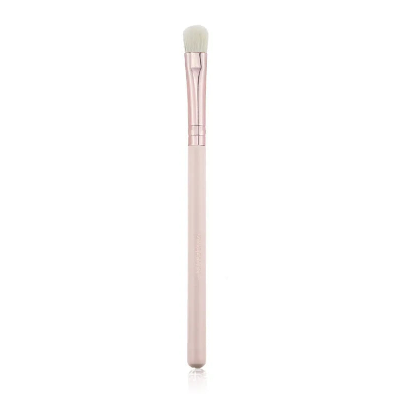 26 pink makeup brushes with wool bristles and wooden handles arranged in a PU zip bag.