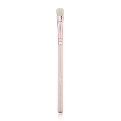 26 pink makeup brushes with wool bristles and wooden handles arranged in a PU zip bag.