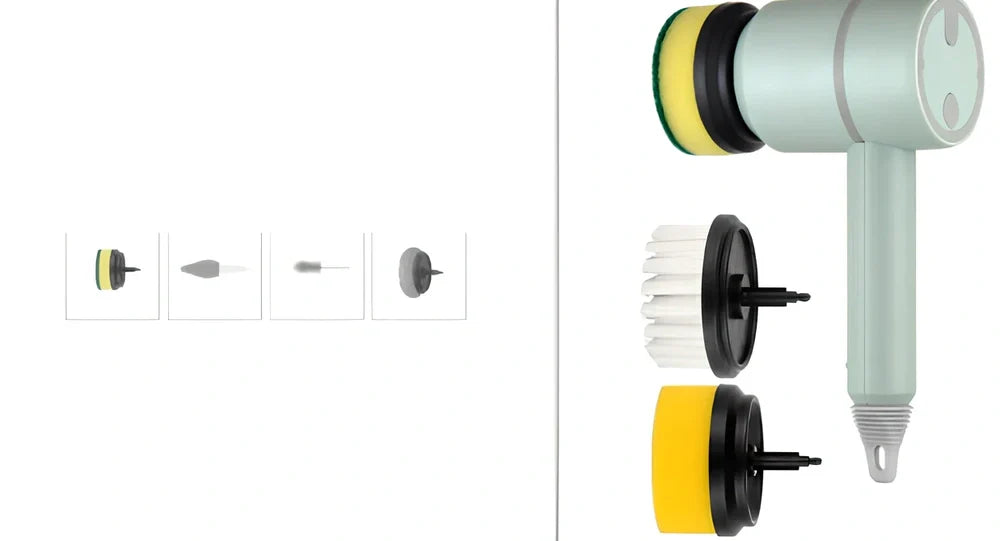 Electric cleaning brush with pink housing and multiple brush attachments for kitchen and bathroom surfaces