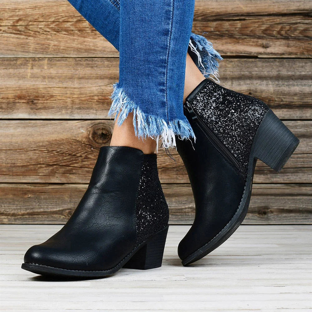 Women's thick heel sequin booties with side zip and square toe in black, khaki, and green