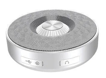 Bluetooth wireless mini speaker in black, orange, and silvery white colours showing compact 10cm size and USB-C port