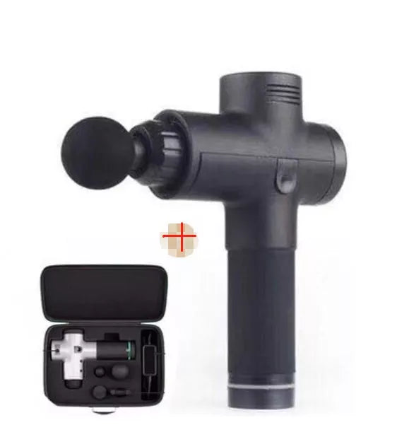 Relax Tissue Deep Muscle Massage Gun with 4 interchangeable heads on a white background