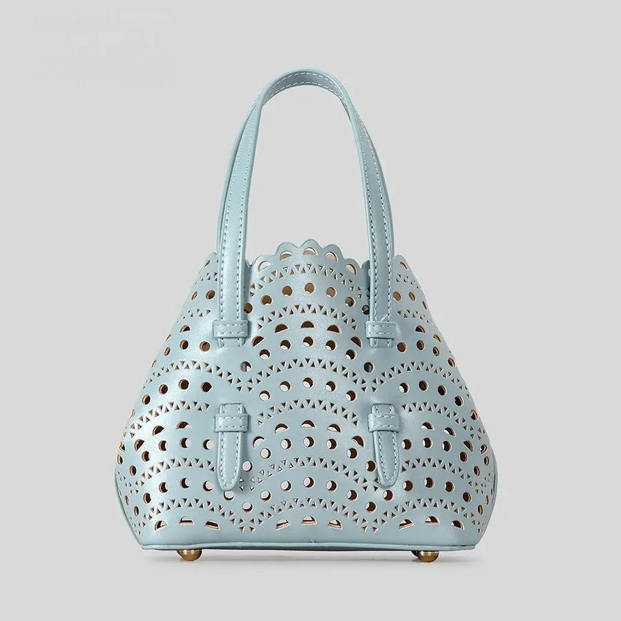 Hollow carved PU messenger tote bag with three straps in horizontal square shape