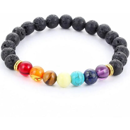Handcrafted black lava beaded bracelet with seven chakra stones for healing and balance