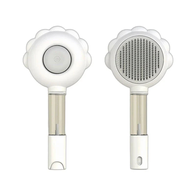 A versatile pet grooming brush with a built-in spray function for efficient hair removal and a calming grooming experience