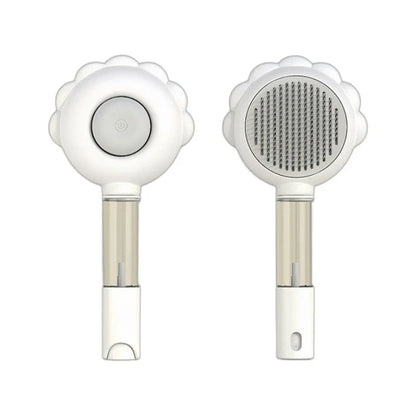 A versatile pet grooming brush with a built-in spray function for efficient hair removal and a calming grooming experience