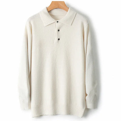 Men's wool sweater with a polo collar and long sleeves, shown in one of seven available colours.
