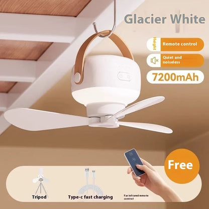 Portable rechargeable ceiling fan with remote control and strap for camping tents