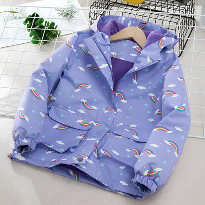Kids' windproof waterproof fleece-lined hooded jacket in camouflage and plain colours, height 110cm to 160cm