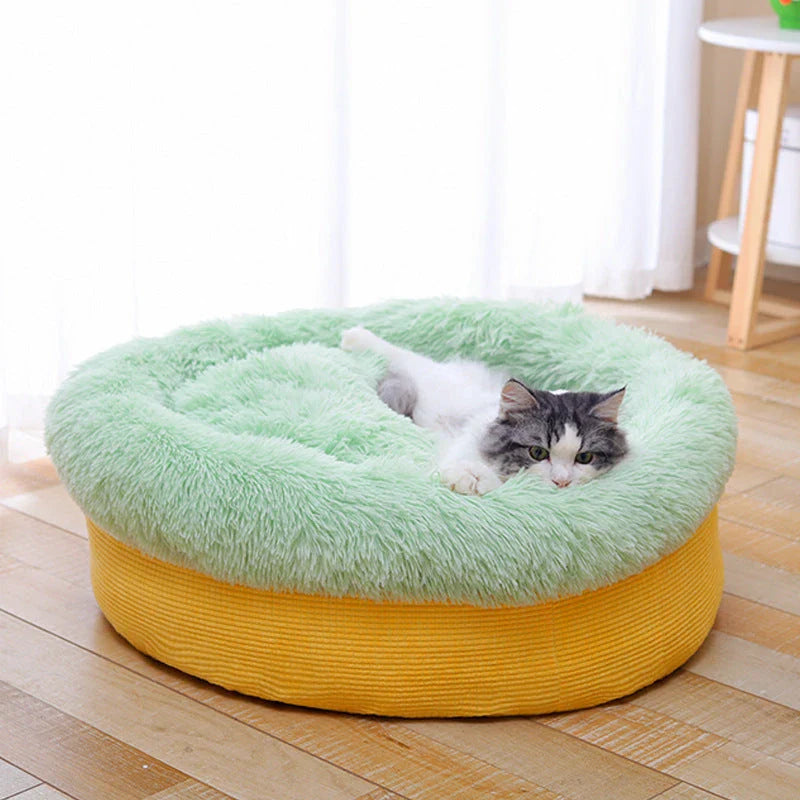 Cozy and comfortable plush pet nest in a round, pineapple-inspired design for deep, undisturbed sleep