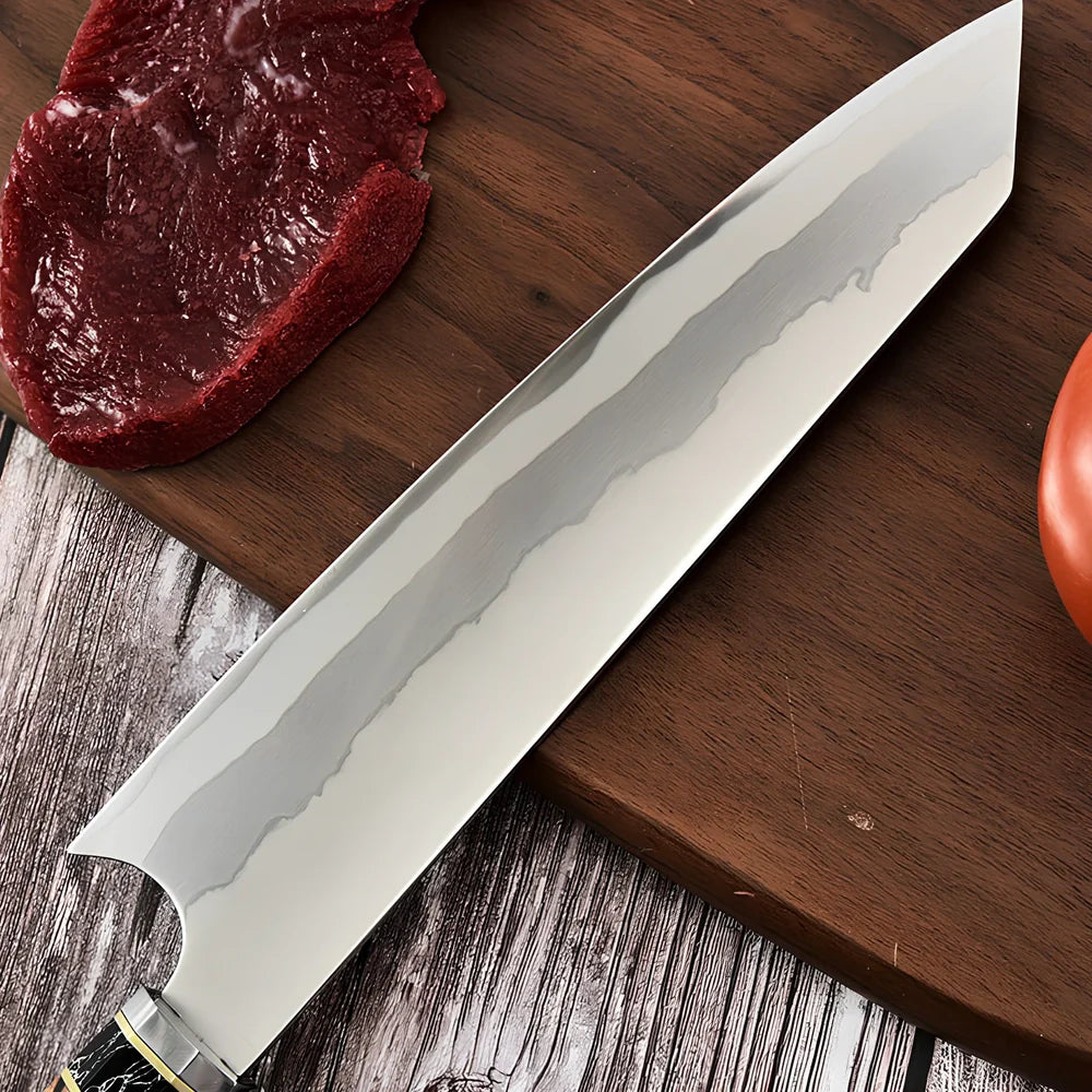 Stainless steel chef knife with 20cm blade and resin handle featuring turquoise stone inlays
