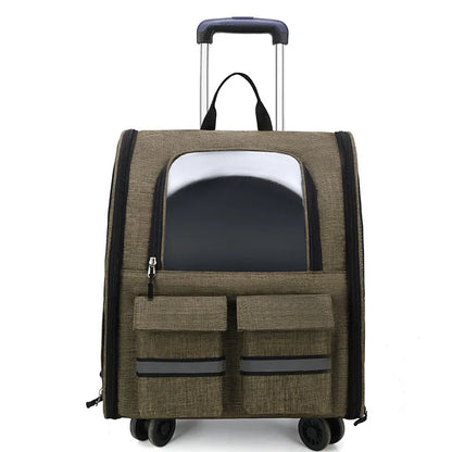 Foldable Oxford cloth pet bag in grey with double shoulder pull rod and breathable soft-sided design