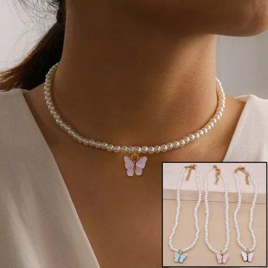 Elegant white pearl choker necklace with butterfly charm for women