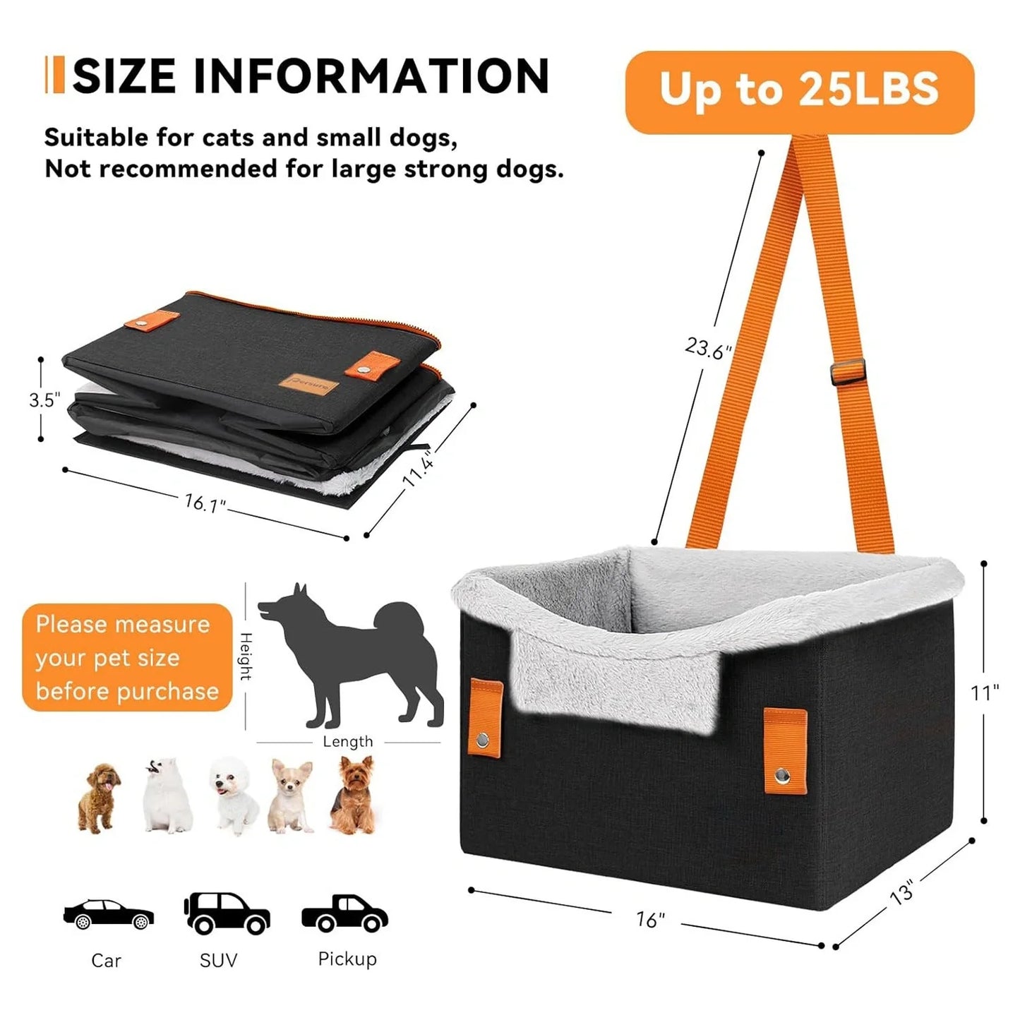 Cozy car booster seat for small dogs and cats up to 25 lbs with adjustable safety leash and collapsible design