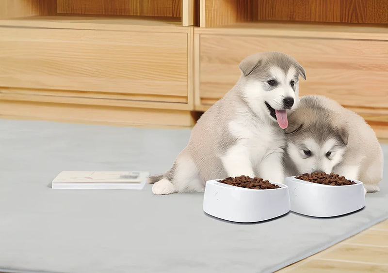 Smart weighing pet bowl with 450ml capacity and waterproof ABS construction for precise food portion control and easy cleaning maintenance