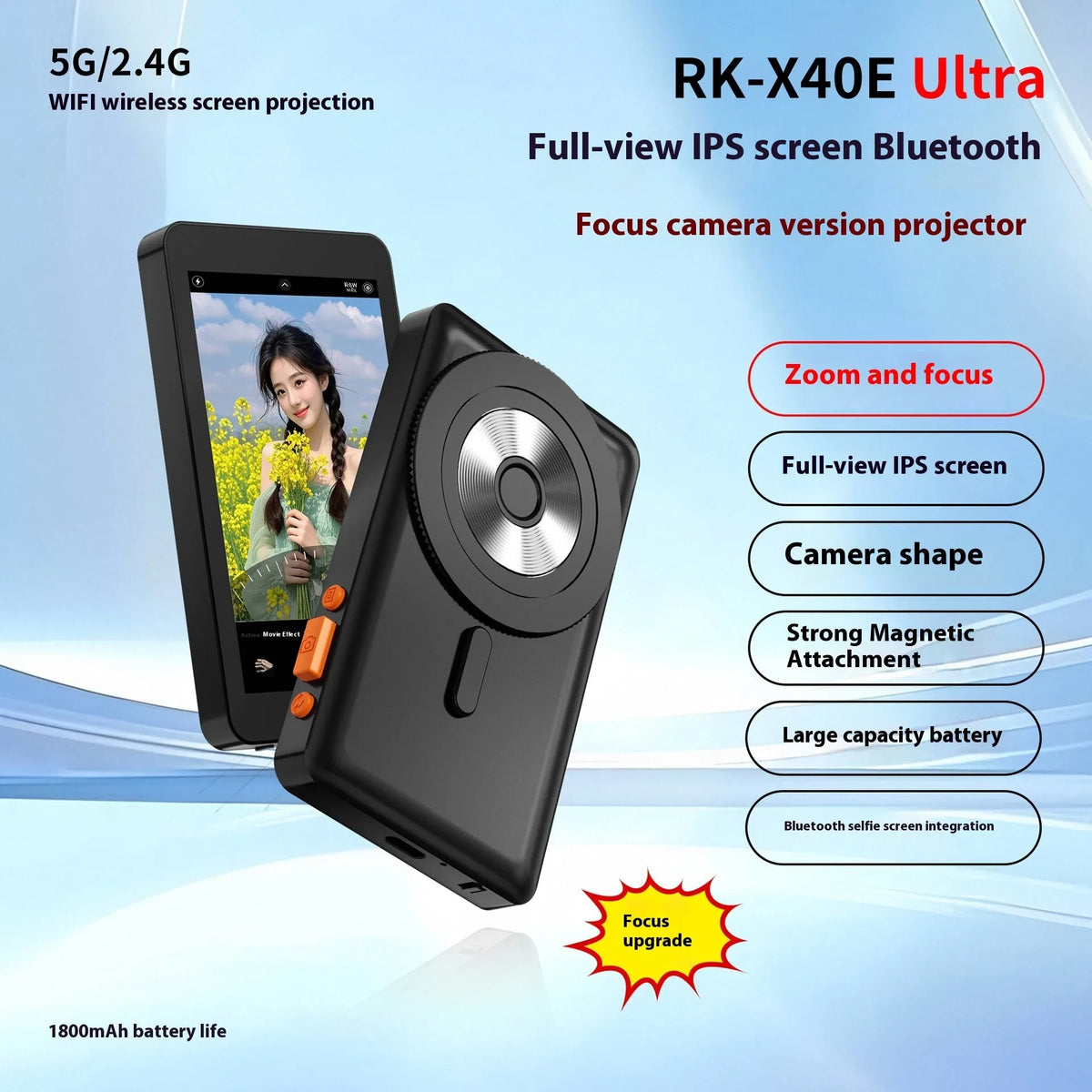 4-inch wireless selfie multi-monitoring device with magnetic mount, plastic body, black and white options.