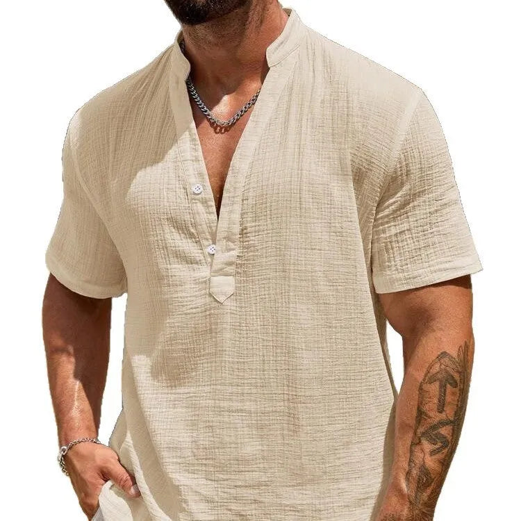 Men's solid colour short-sleeved shirt with stand collar, thin polyester blend fabric, available in black, white, light blue, khaki, navy blue, red, brown.