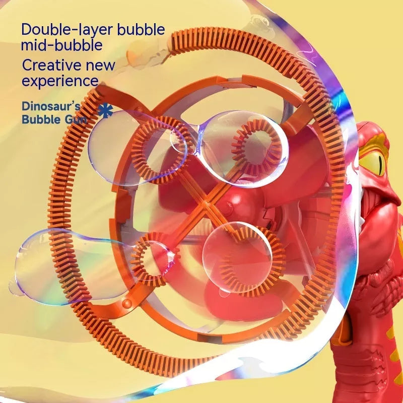 Dinosaur-shaped bubble machine for kids with red, blue, and green options