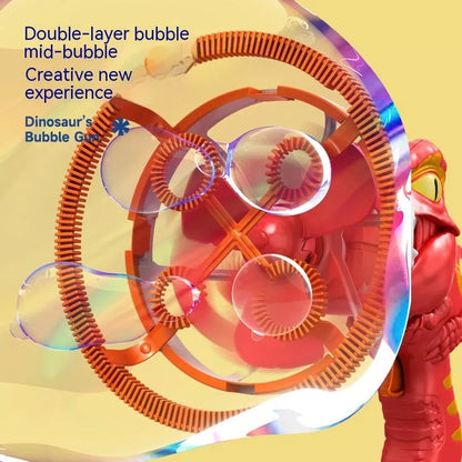 Dinosaur-shaped bubble machine for kids with red, blue, and green options