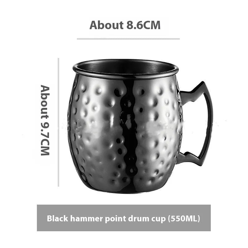 Stainless steel Moscow Mule cup with copper interior in gold, rose gold, silver, or black finish.