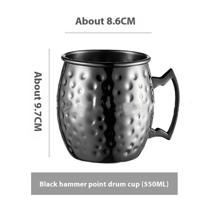 Stainless steel Moscow Mule cup with copper interior in gold, rose gold, silver, or black finish.