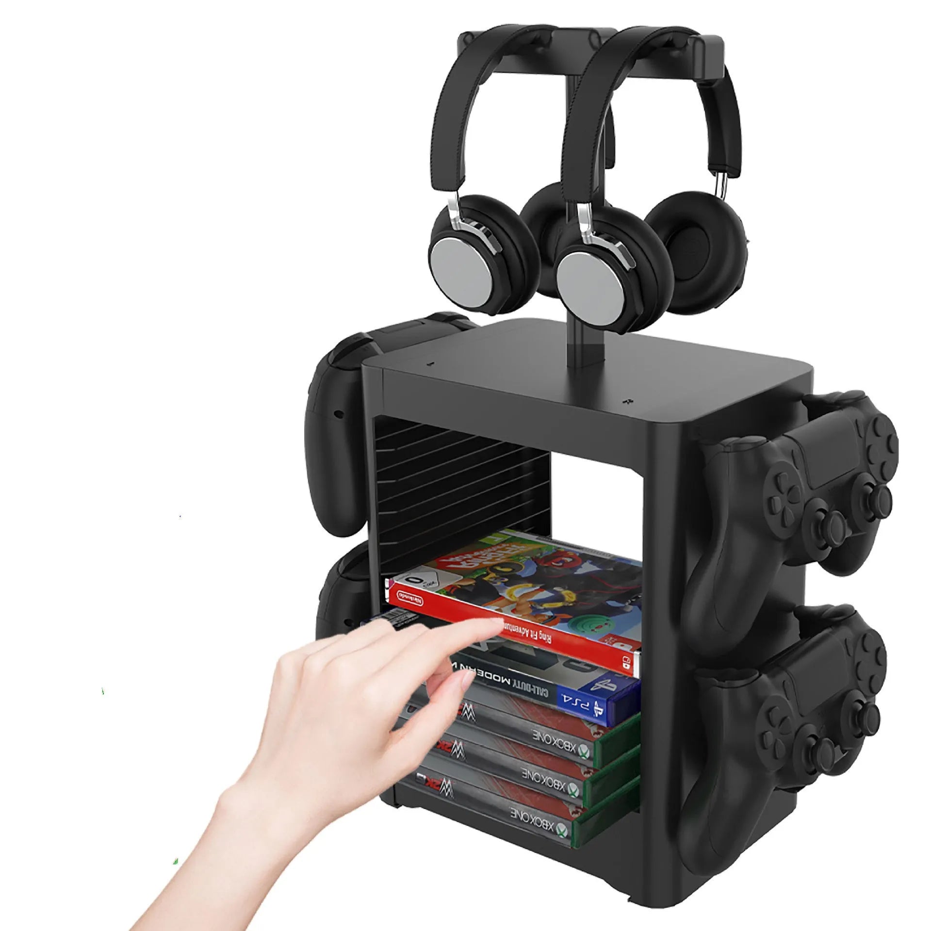 Black ABS gaming storage rack with hanging controllers, a drawer open showing game cases, and headphones on top.