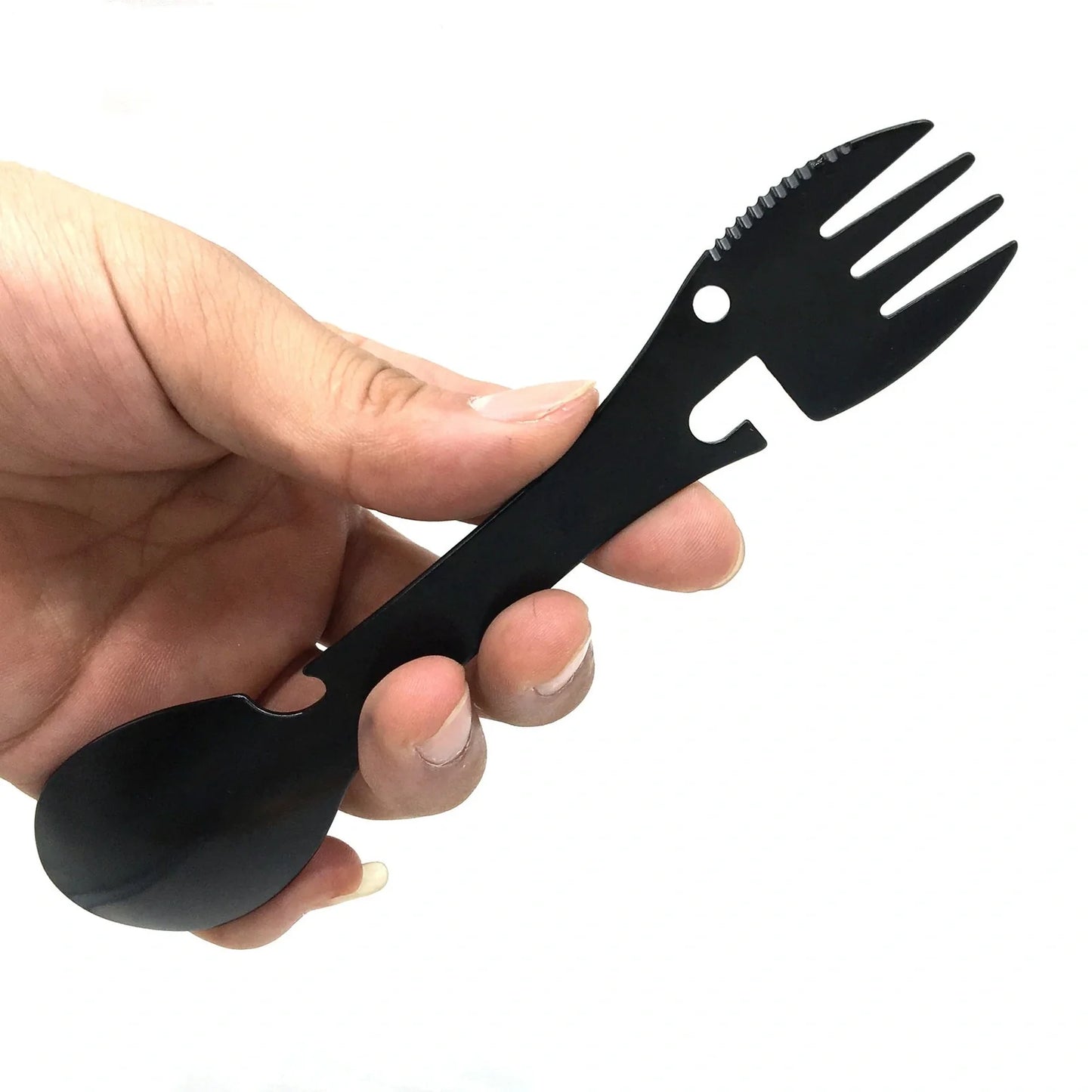 Silver stainless steel camping multitool with fork, spoon, serrated cutter, can opener, bottle opener, and keychain hole