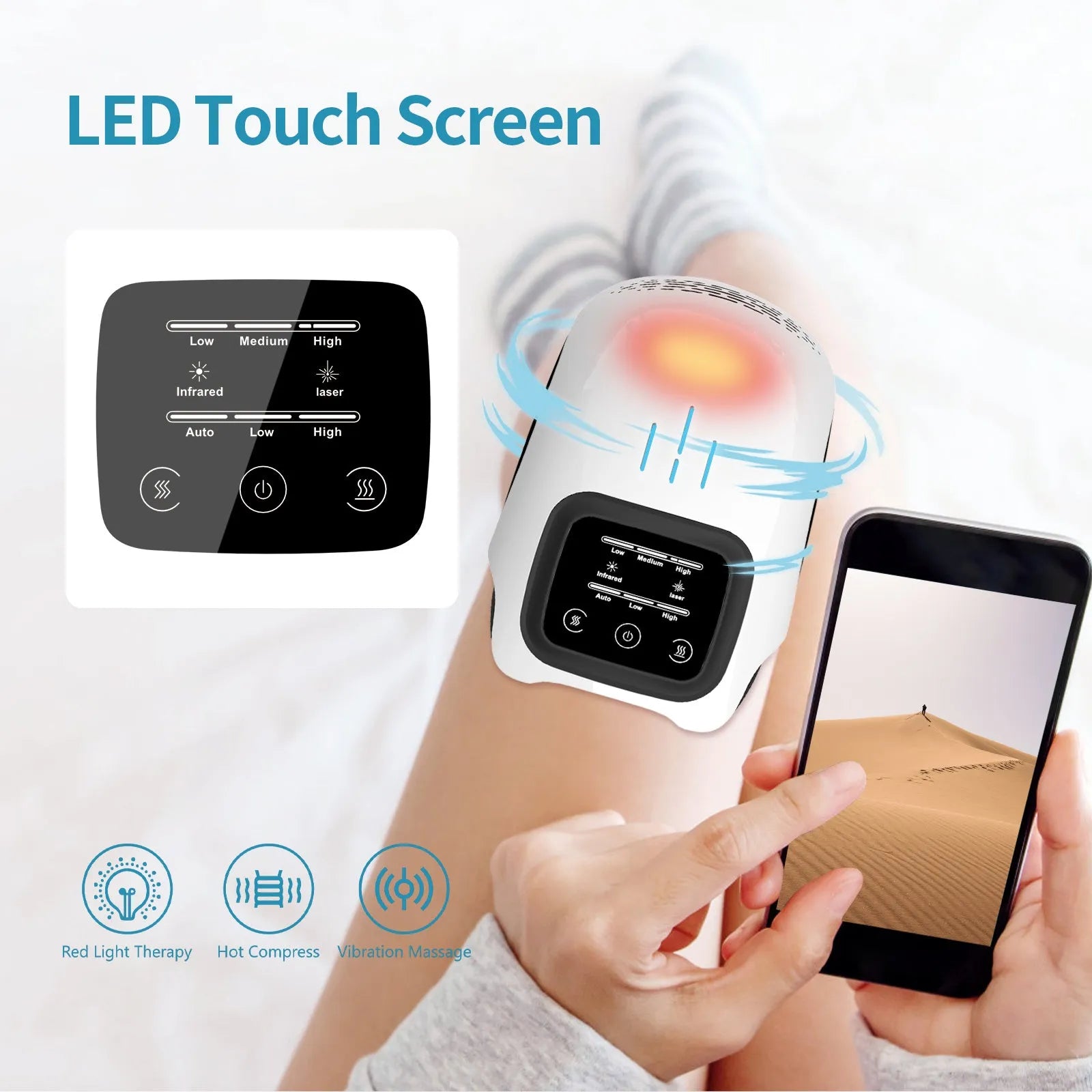 White rechargeable electric knee massager with heating and infrared laser therapy
