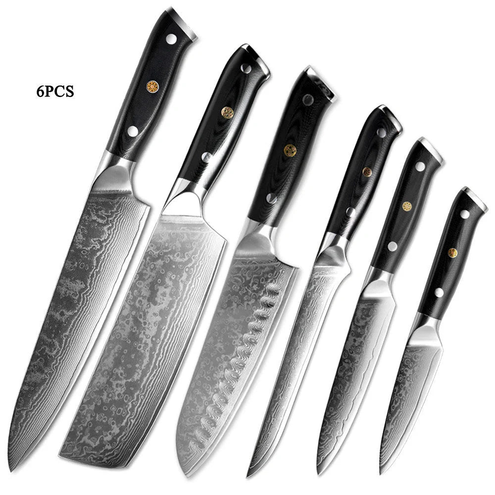 Japanese Damascus steel kitchen knife set with G10 handle, 67-layer blade