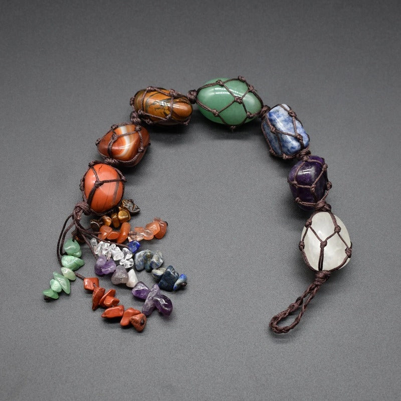 Handwoven natural stone 7 chakra car pendant with irregular design, approximately 31.5cm in length