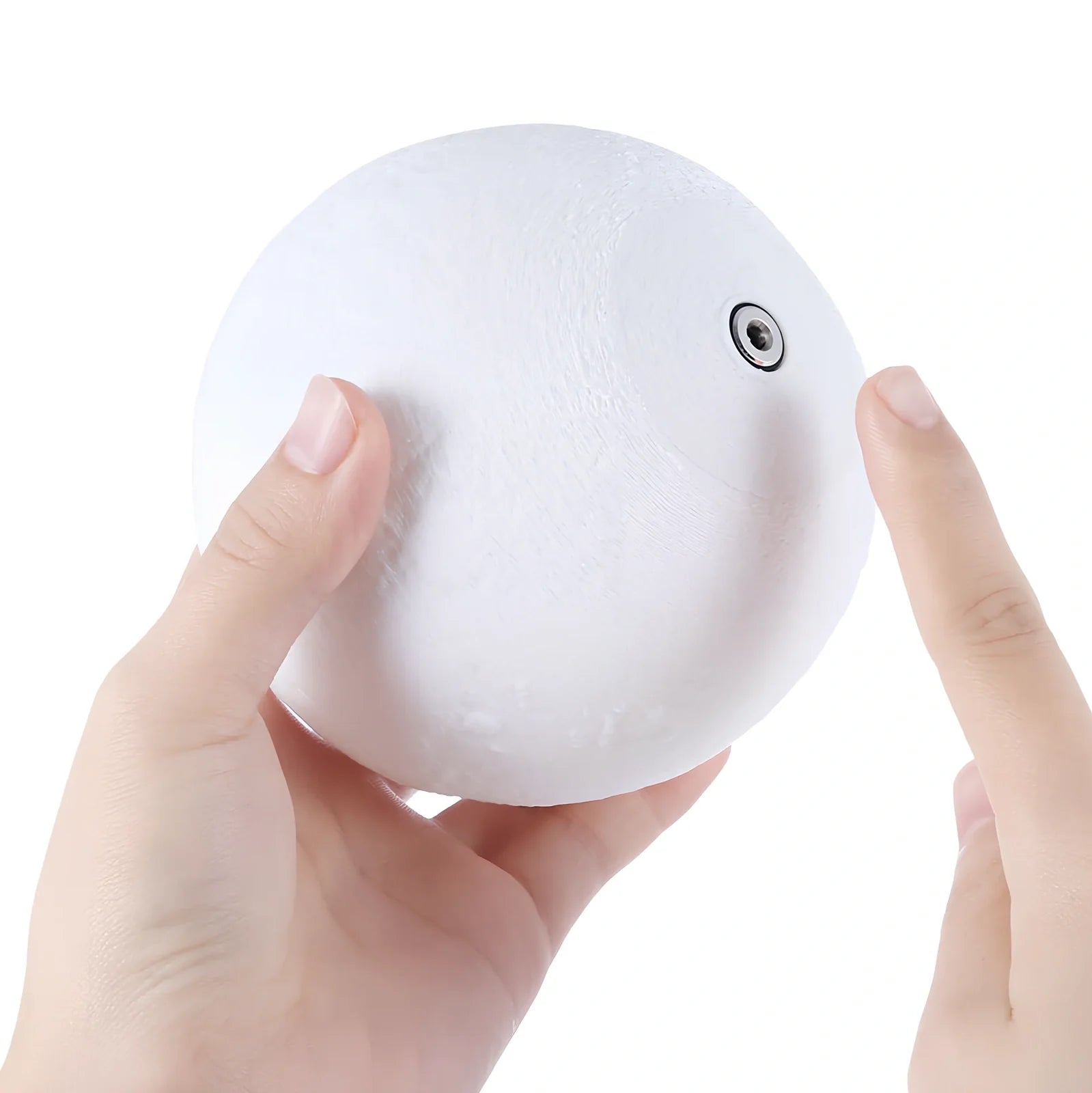 3D printed moon night light with detailed lunar surface and dual-colour LED lighting on beech wood stand