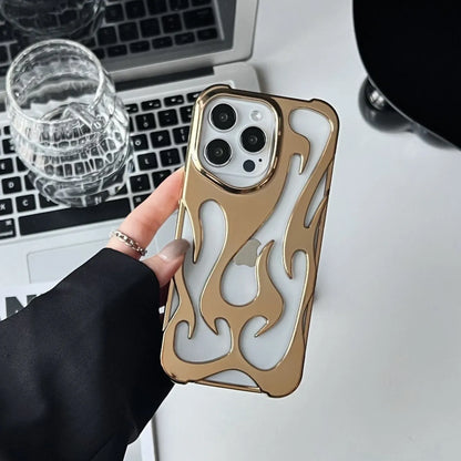 Electroplated hollow flame pattern phone case in silver plated finish on Apple iPhone, showing heat dissipation design and TPU soft shell