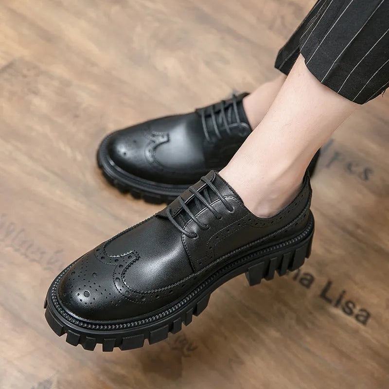 Men's black and brown artificial PU brogue shoes with round toe on white background