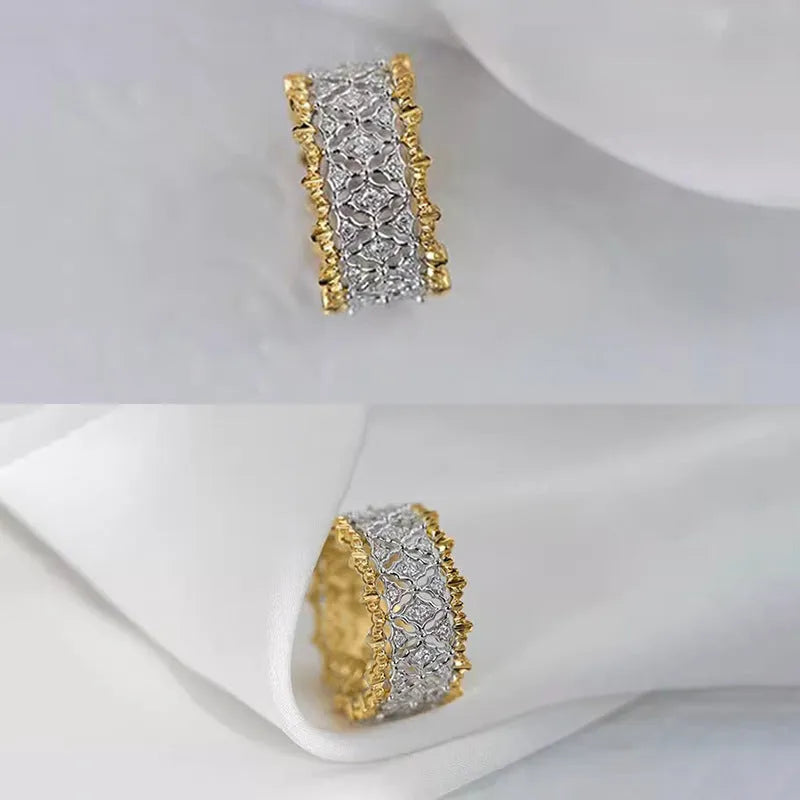 Geometric two-tone zircon ring with electroplated gold finish on copper, showing round elements and angular design