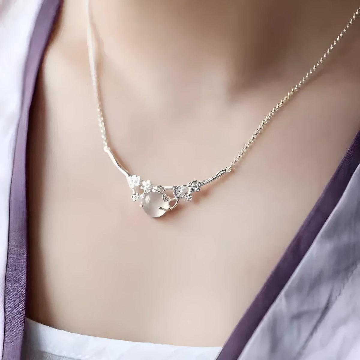 White gold colour copper necklace with moonlight white chalcedony inlay, cross chain, and moon shadow cold plum design