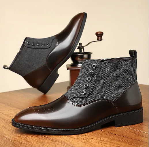 Men's brown retro formal shoes with side zipper, square heel, and rubber sole on a neutral background