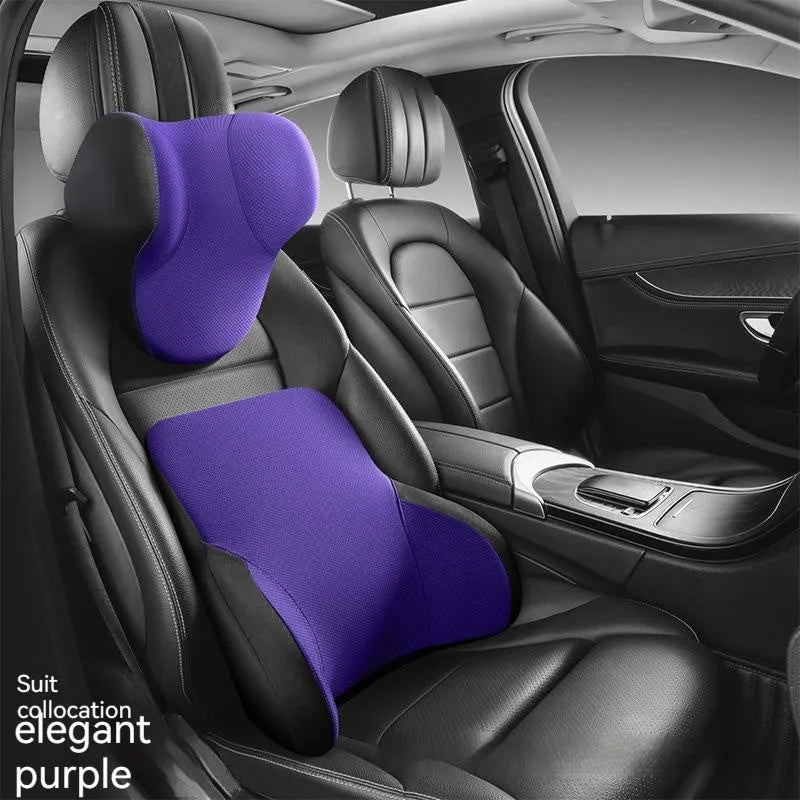 Memory foam car lumbar support pillow and headrest set in knitted fabric with hydrophobic latex filler