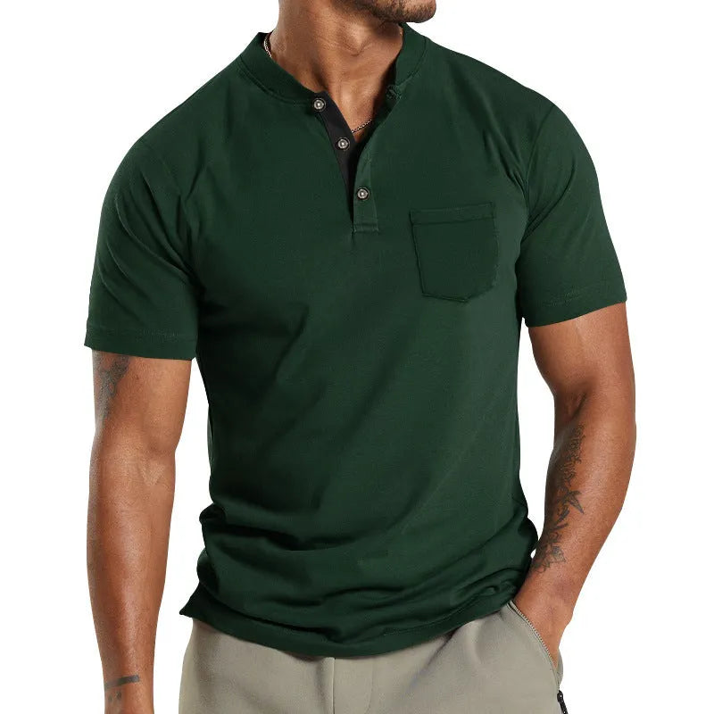 A man wearing a plus size solid colour short sleeve polyester shirt with a button chest pocket.