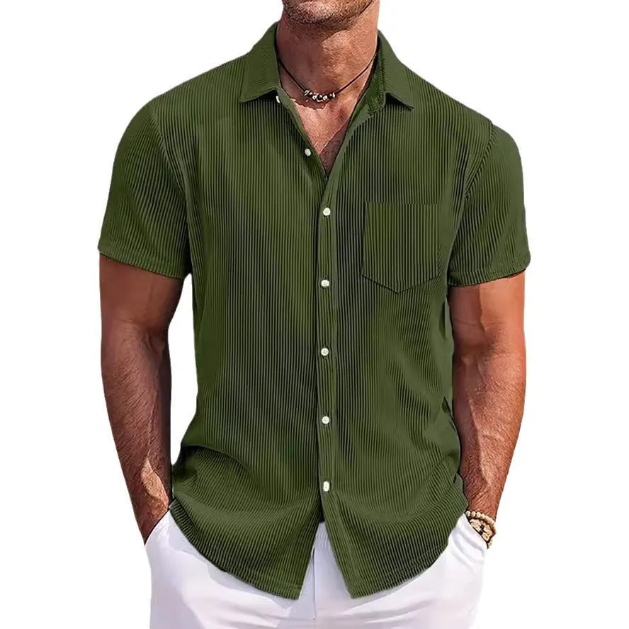 Men's solid colour loose fit short-sleeved shirt with vertical striped detail in a selection of colours.