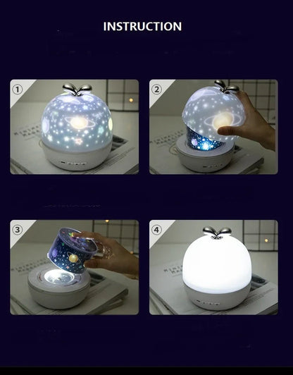 LED projection lamp with ABS housing measuring 135mm showing night light and projection functions